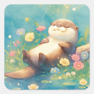 Otter die ontspant op een stam met kleurrijke bloe vierkante sticker