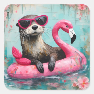 Otter drijvend op een roze flamingo grappige colla vierkante sticker