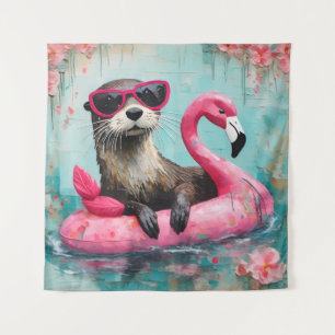 Otter drijvend op een roze flamingo grappige colla wandkleed