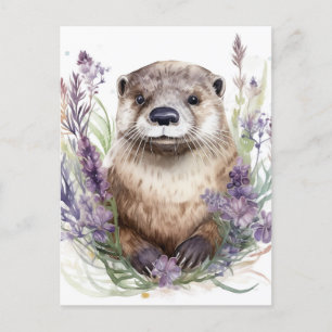 Otter en paarse bloemen Waterverf Briefkaart