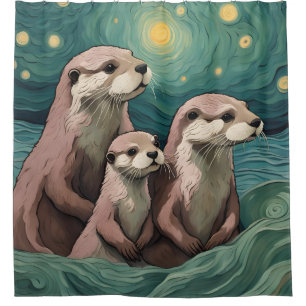 Otter Familie in een Sterrennacht Oceaan Douchegordijn
