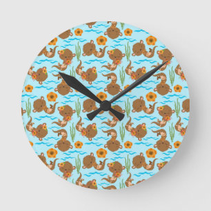 Otter Family Oranje Flowers Floral Aquatic Animal Ronde Klok