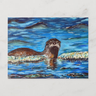 Otter in de golven die schilderen briefkaart