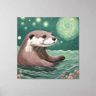 Otter in een Sterrennacht Ocean Sage en Roos Kleur Canvas Afdruk