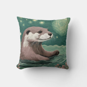 Otter in een Sterrennacht Ocean Sage en Roos Kleur Kussen