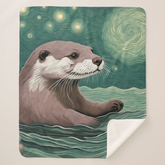 Otter in een Sterrennacht Ocean Sage en Roos Kleur Sherpa Deken (Voorkant)