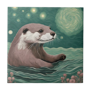 Otter in een Sterrennacht Ocean Sage en Roos Kleur Tegeltje