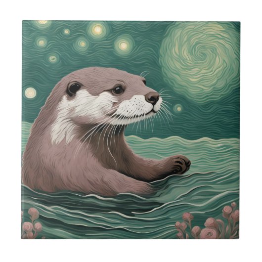 Otter in een Sterrennacht Ocean Sage en Roos Kleur Tegeltje (Voorkant)