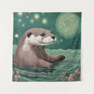 Otter in een Sterrennacht Ocean Sage en Roos Kleur Wandkleed