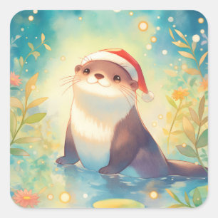 Otter in kerstmuts in vijver met bloemen en bokeh vierkante sticker