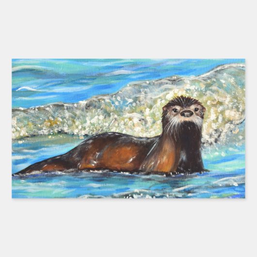 Otter in Waves 2 schilderen Rechthoekige Sticker (Voorkant)