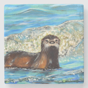Otter in Waves 2 schilderen Stenen Onderzetter