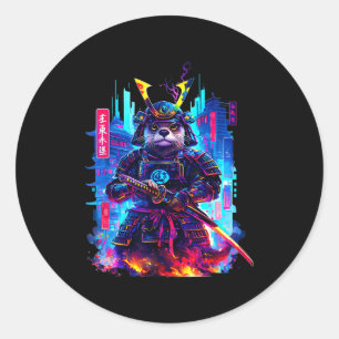 Otter Katana Cyberpunk Neon Samurai Japanse Kunst Ronde Sticker