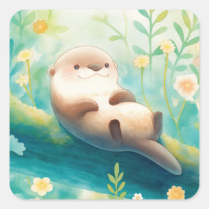 Otter Liggend op Stam in Lente Groen Weiland Vierkante Sticker