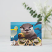 otter met oester taco's briefkaart (Staand voorkant)