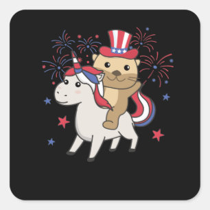 otter met unicorn voor 4 juli vuurwerk vierkante sticker