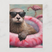 Otter op een Roze Float Briefkaart (Voorkant)