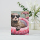 Otter op een Roze Float Briefkaart (Staand voorkant)