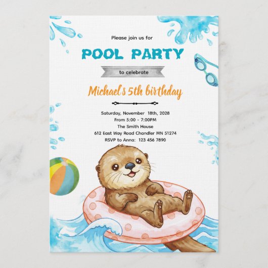 Otter Pool Party Birthday Invitation (Devant)