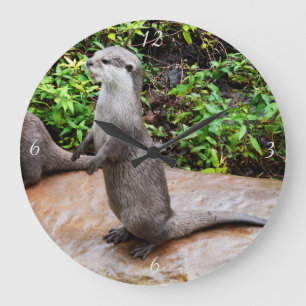 Otter praat over grote ronde wandklok. klok