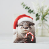 Otter Santa Hoed Schattig Candy Cane Briefkaart (Staand voorkant)