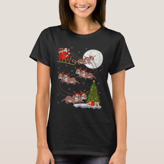Otter Santa Sleigh Flying Funny Magical Christmas T-shirt (Voorkant)
