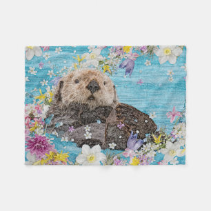 Otter Swimming in Flowers Fleece Deken