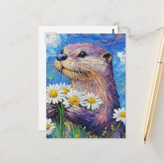 Otter With Daisies Briefkaart (Voorkant / Achterkant in situ)