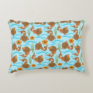 Otterfamilie Oranje Bloemen Bloemrijk Waterdieren Accent Kussen