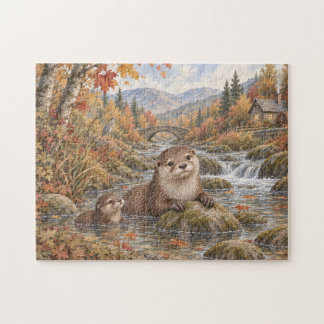 Otters in de herfststroom legpuzzel