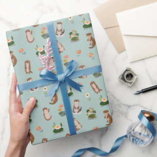 Otters & Waterlelies op Pistachegroen Cadeaupapier