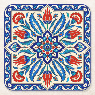 Ottomaanse stijl blauw rode tulp patroon vierkante kartonnen onderzetter
