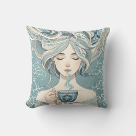 Ottomaanse Tegel Vrouw met Thee - Soft Blue Flow Kussen
