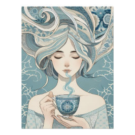 Ottomaanse Tegel Vrouw met Thee - Soft Blue Flow Perfect Poster