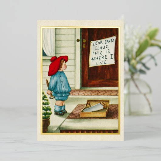 Oud 1910 Kind met Kerstman Brief Goud Folie Feestdagenkaart (Staand Voorkant)