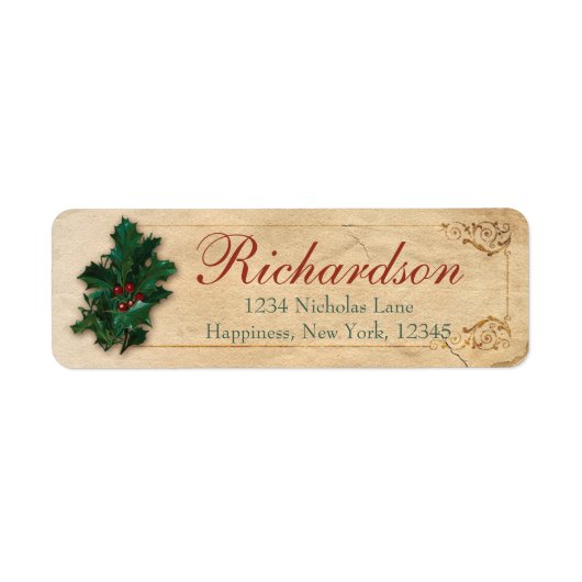 Oud Antiek Victoriaans Kerst Holly Red Berries Etiket (Voorkant)