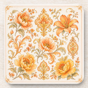Oud-Barok Bloempatroon – Warm Oranje/Goud Bier Onderzetter