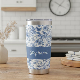 Oud Blauwe Bloem Toile Monogram Geïsoleerde Drinkbeker