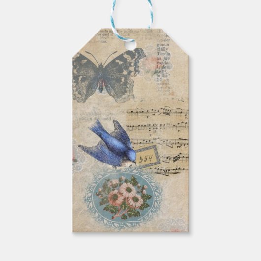 Oud Blauwe Bloem Vogel Collage Scrapboek Cadeaulabel (Voorkant)
