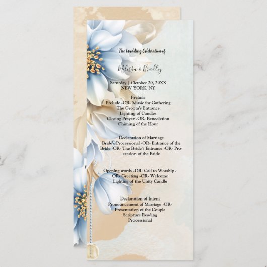 Oud blauwe bloemen ceremonieprogramma programma (Voorkant / Achterkant)