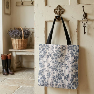 Oud Blauwe Chintz en Gestreept Patroon Draagtas