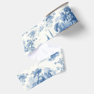 Oud blauwe Franse toile de Jouy bloempatroon Grosgrain Lint