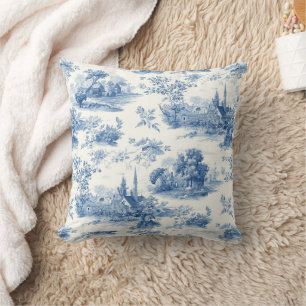 Oud blauwe Franse toile Jouy bloempatroon Kussen