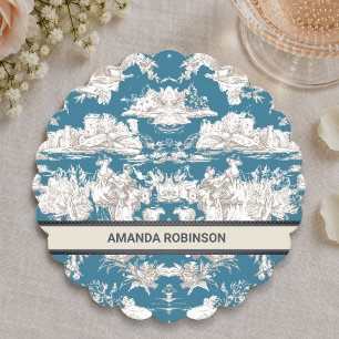 Oud blauwe turquoise toile de jouy monogram kartonnen onderzetters