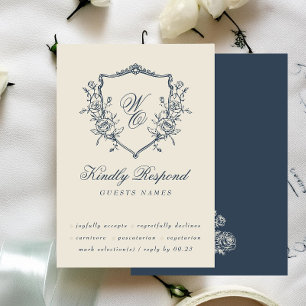 Oud bloemend wapenschild Crème & Marineblauw Monog RSVP Kaartje
