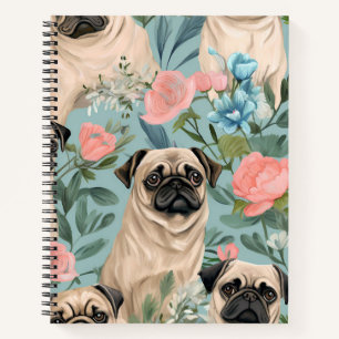 Oud Bloemmotief Pug Patroon Mooie Botanische Hond Notitieboek