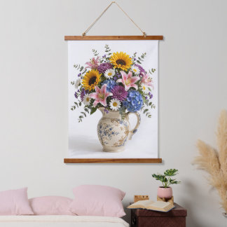 Oud boeket bloemen in kan hangend wandkleed