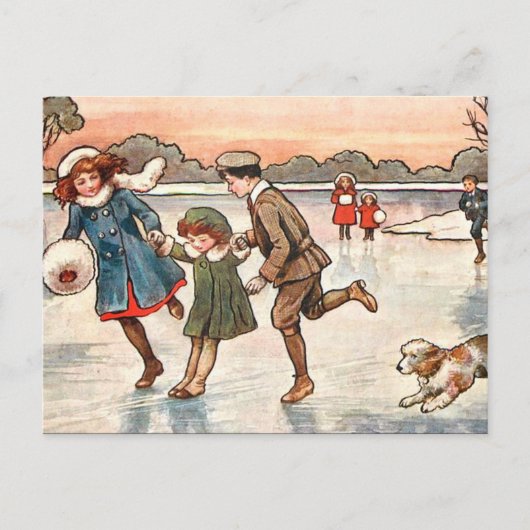Oud Briefkaart - Kinderen schaatsen (Voorkant)