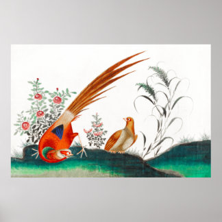 Oud chinese schilderij van twee vogels onder bloem poster