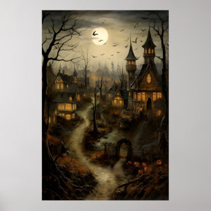 Oud dorp met pompoenen, Halloween-platteland Poster